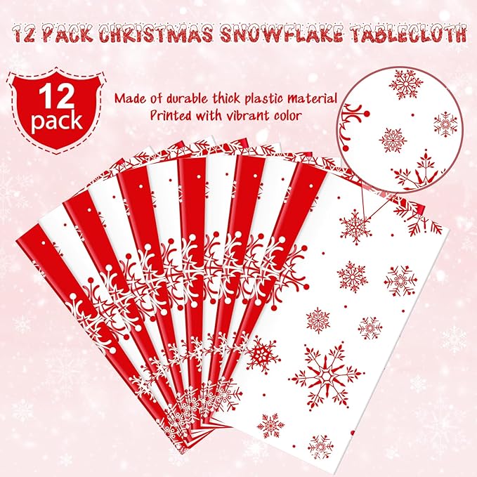 12 Pieces Christmas Snowflake Plastic Party Tablecloth Decorations,54x108 inch Disposable White Red Rectangle Snowflake Xmas Table Cover Backdrop for Winter Christmas Holiday New Year Party Supplies