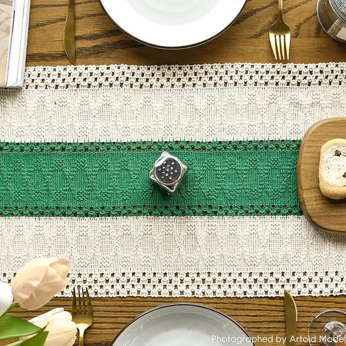 Artoid Mode Dark Green Farmhouse Rustic Table Runner, Seasonal Holiday Hollow Kitchen Dining Table Decoration for Home Party Decor 12x60 Inch