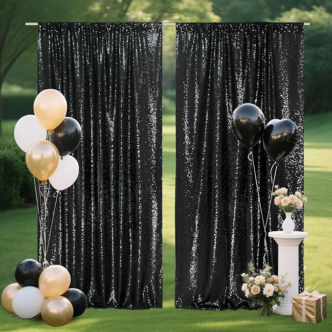 SquarePie Sequin Backdrop Curtain 8FT x 10FT Black Satin Backing Fabric Photography Background for Wedding Patry 4FT x 10FT 2 Panels