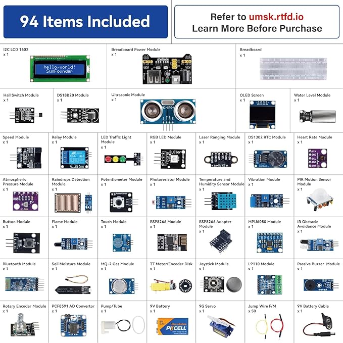 SunFounder Universal Maker Sensor Kit Compatible with Arduino Mega 2560/Uno R3/R4 Minima/WiFi Nano, Raspberry Pi 5/4B/3B+/Zero 2 W/, Pico W, ESP32, C++, Python, MicroPython, Beginners & Engineers