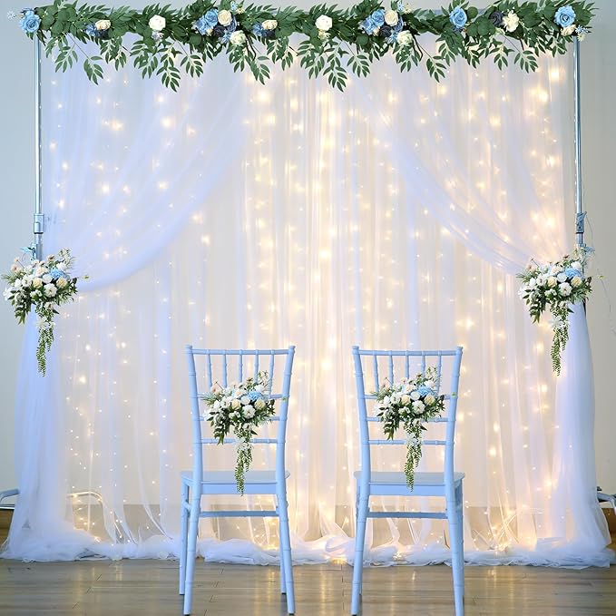 White Backdrop Curtains with Lights String for Wedding Parties 10×10ft Sheer Tulle Backdrop Curtain for Bridal Shower Baby Shower Birthday Party Photo Shoot Background Decorations(2 Panels 10ft×10ft)