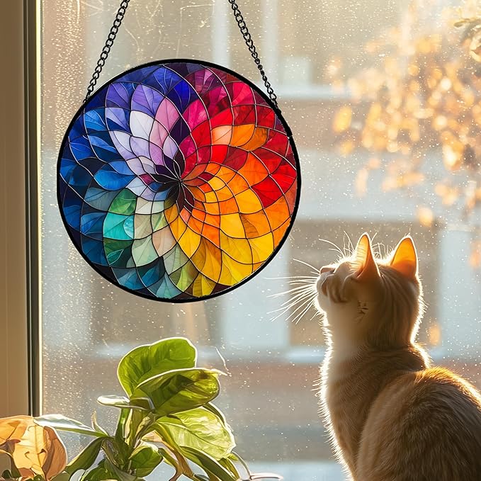 Stained Glass Window Hanging - Colorful Flowers Sun Catcher for Door Terrace Garden Home Decor, Abstract Gradient Suncatcher Birthday Gifts for Lovers Women Men Dad Mom Nana 6.3 in