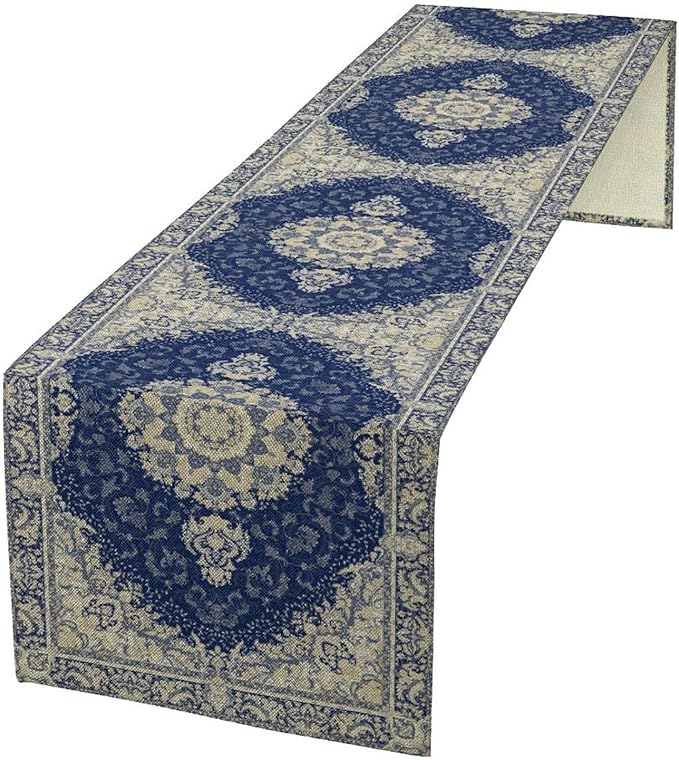 Boho Bohemia Style Dark Blue Table Runner, Country Rustic Farmhouse Magical Abstract Print Pattern for Home Kitchen Table Decor Dining Coffee Room Garden Party Decor 13x108in