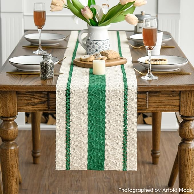 Artoid Mode Dark Green Farmhouse Woven Rustic Table Runner, Seasonal Holiday Hollow Kitchen Dining Table Decoration for Home Party Decor 12x48 Inch
