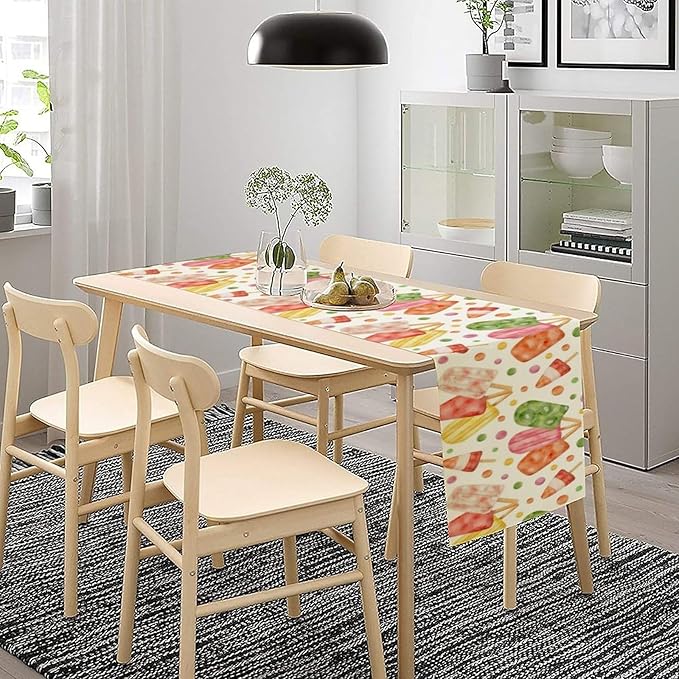 Summer Popsicles Table Runner, Watercolor Colorful Fruit Ice Cream Pops Berry Kiwi Cold Summer Sweet Seasonal Dinner Runner for Party Holiday Home Kitchen Dining Table Decor 13"x120"