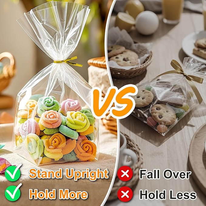 PigPotParty Cellophane Treat Bags 6"x9", 50 Pack Clear Goodie Bags, 2.4" Bottom Gusset for Stand-Up Display, Small Plastic Gift Wrap for Cookies, Candy, Party Favors, Popcorn, Includes 50 Gold Ties