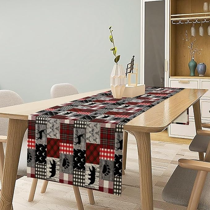 Rustic Farm Table Runner,Vintage Woodland Deer Bear Animal Buffalo Plaid Print Tablecloth Burlap for Hotel Indoors Outdoor Dining Room Kitchen Home Decor,W13X L70 in