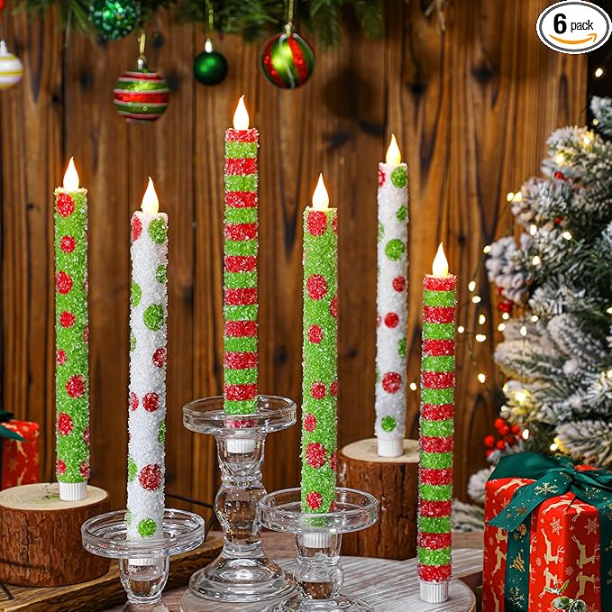 Baquler 6 Pcs Christmas Flameless Taper Candles 10.6 Inch Elf Theme Candles Battery Operated LED Christmas Candlesticks for Xmas Centerpiece Holiday Party Decor