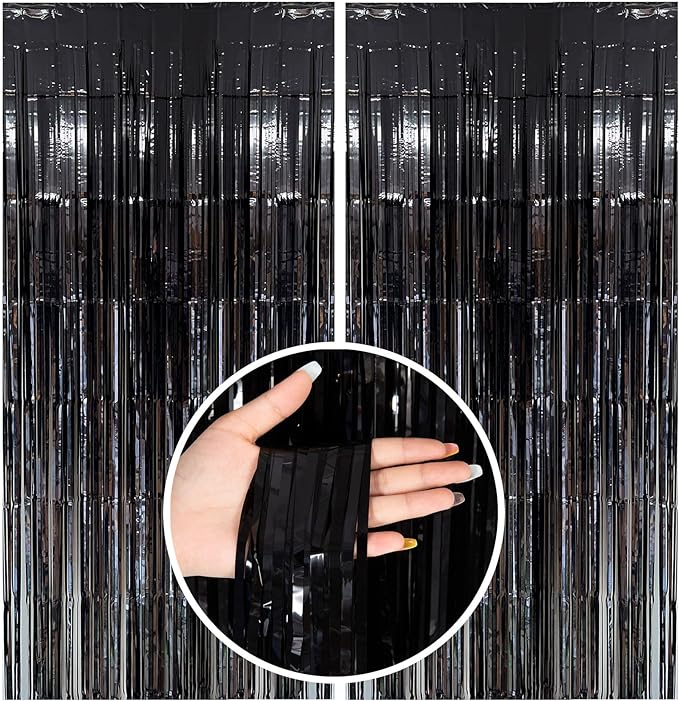 Black Party Streamers Foil Fringe Backdrop Curtains Tinsel Streamers Birthday Halloween Party Decorations Fringe Backdrop for Birthday Party Graduation Bridal Shower Wizard Party Supplies