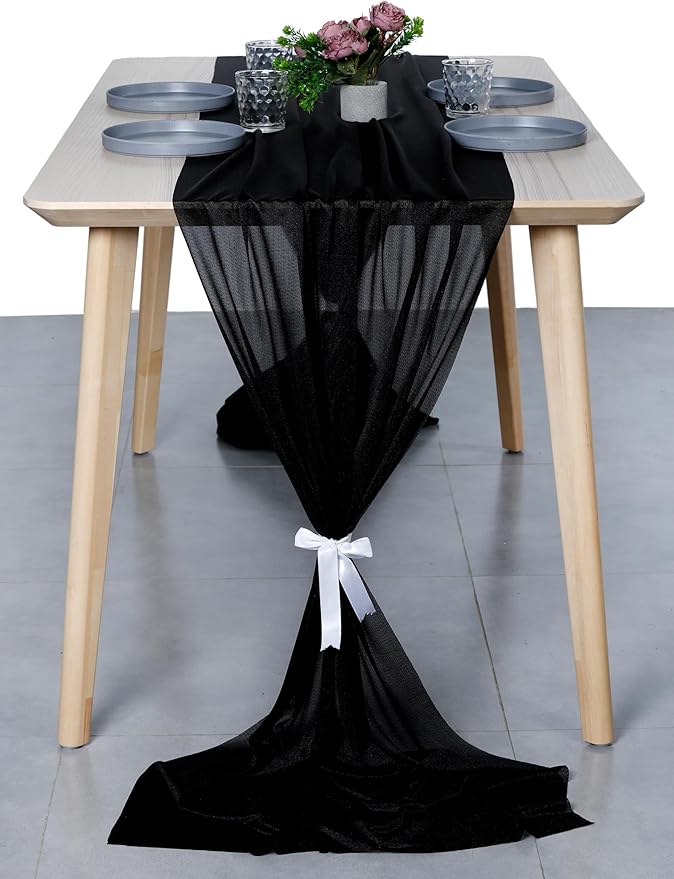 MDS 1 Pack 10ft Chiffon Table Runner 29 x 120 Inches Sheer Wedding Runner Romantic Rustic Table Runner for Wedding Decorations, Birthday Parties, Bridal Shower Party Arch Decor - Black
