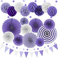 Purple Party Decorations,23Pcs Lavender Birthday Decorations with Hanging Paper Fans,Pom Poms Flowers Packs for Girls Women Birthday Party, Bridal Shower,Baby Showers,Wedding
