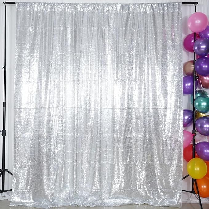 Poise3EHome 8Ft x 8Ft Silver Sequin Backdrop, Glitter Thick Satin Background Drapes, Sparkly Opaque Photography Curtain Backdrop for Wedding Party Festival Decor