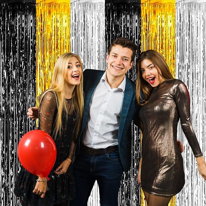4 Pack Black Gold Silver Foil Fringe Curtain Backdrop, 3.28Ft x 8.2Ft Metallic Tinsel Foil Fringe Streamers for Photo Booth, Wedding, Notorious One Birthday Roaring 20s Graduation Party Decoration
