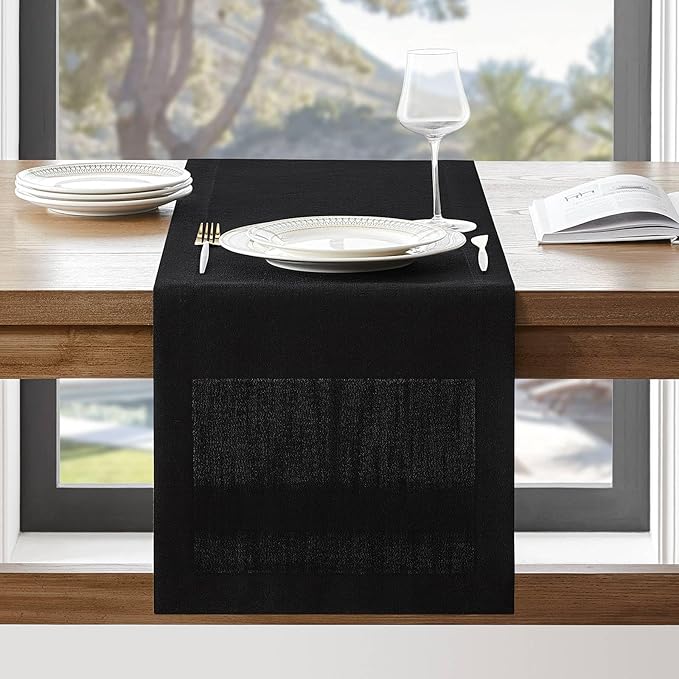 ZeeMart Linen Textured Border Table Runner, 14 x 36 Inch Black, Farmhouse Style Black Table Runners 36 Inches Long, Easy Care Everyday Polyester Table Runner