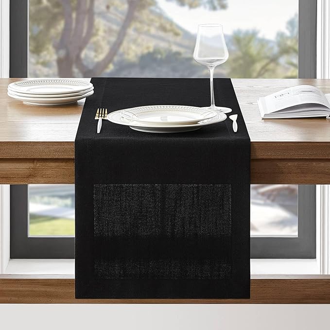 ZeeMart Linen Textured Border Table Runner, 14 x 90 Inch Black, Farmhouse Style Black Table Runners 90 Inches Long, Easy Care Everyday Polyester Table Runner