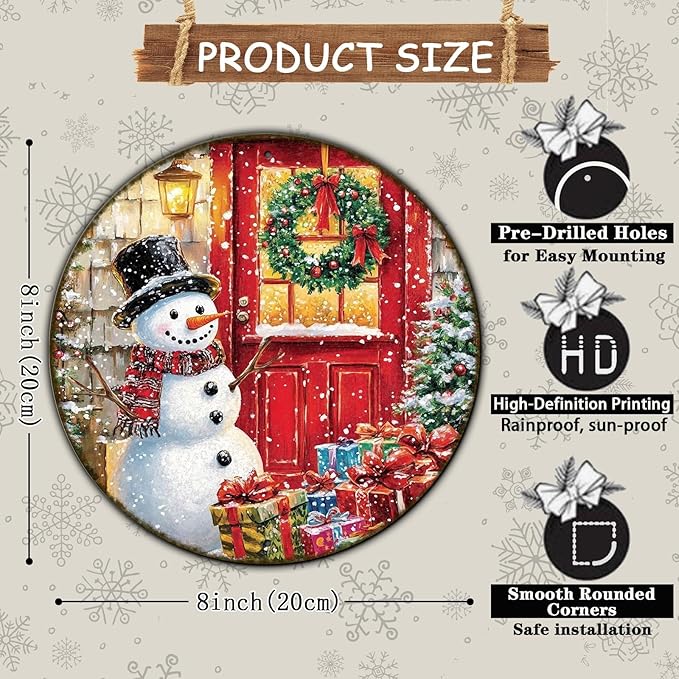 Round Wall Decor Christmas Metal Tin Sign Snowman Sign Rustic Wall Decor Wall Plaque Snowman Wreath Sign for Christmas Round Wreath Wall Decor Vintage Garage Yard Home Decor 8 * 8 in