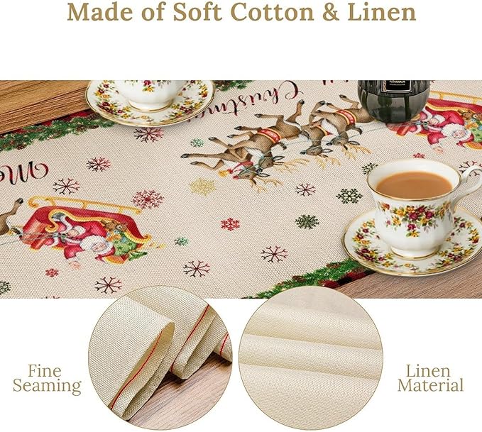 Christmas Table Runner,Xmas Deer Cute Santa Claus Red Plaid Pattern Printed Tablecloth Burlap for Hotel Indoors Outdoor Dining Room Kitchen Home Decor,W13X L108 in