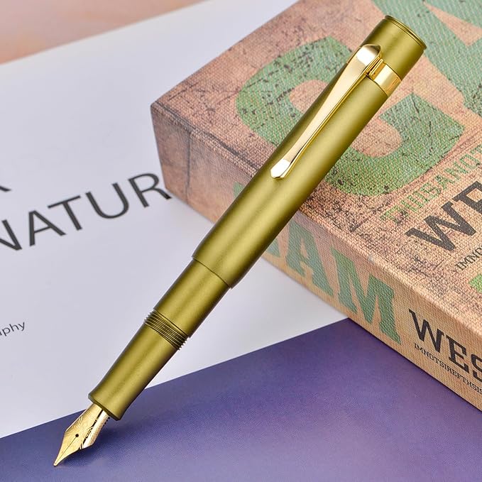 HONG DIAN M2 Black Forest Mini Fountain Pen, Extra Fine Soft Nib & Sleek Shape Aluminium Short Pocket Travel Pen (Olive Green)