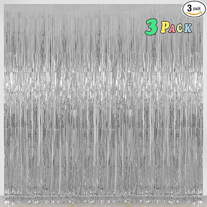 Foil Fringe Curtains Party Decorations - Melsan 3 Pack 3.2 x 8.2 ft Tinsel Curtain Party Photo Backdrop for Birthday Party Baby Shower or Graduation Decorations (Pure Silver)