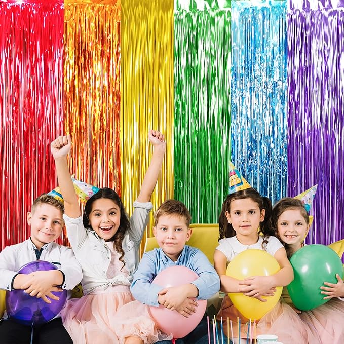GOER 6.5 ft x 8.2 ft Metallic Tinsel Foil Fringe Curtains,Pack of 2 Party Streamer Backdrop for Birthday,Graduation Decorations and New Year Eve (Rainbow Colors)