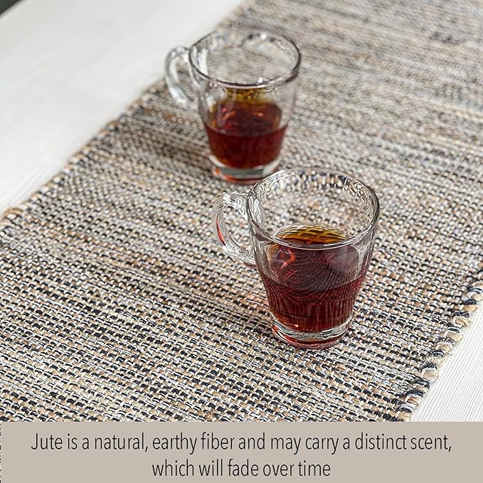 Chardin home Natural Jute Table Runner 13x36 Inch – Vintage Boho Rustic Table Decor – Handwoven Table Runner in Natural Jute and Grey – Farmhouse Dining or Console Table Accent