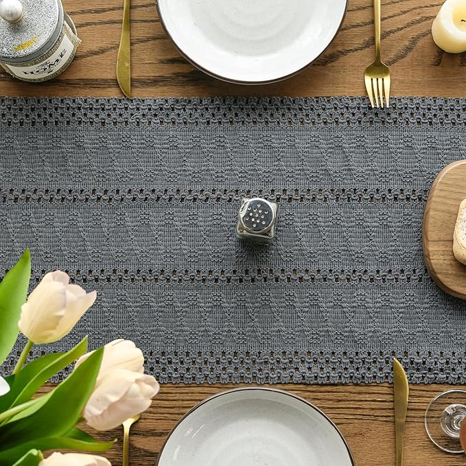 Artoid Mode Dark Grey Farmhouse Woven Rustic Hollow Table Runner, Seasonal Holiday Hollow Kitchen Dining Table Decoration for Home Party Decor 12x108 Inch