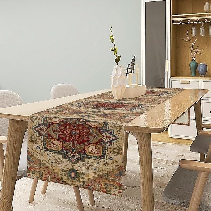 Boho Bohemia Style Table Runner, Vintage Yellow Brown Retro Flower Rustic Country Style Floral Print Pattern for Home Kitchen Table Decor Dining Coffee Room Garden Party Decor 13x90in