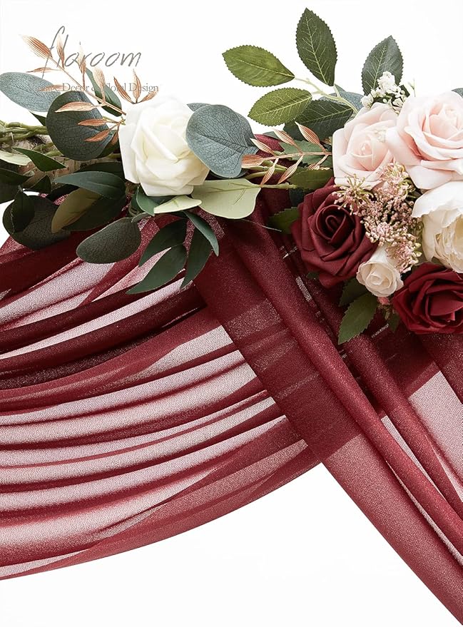 Floroom Wedding Arch Draping Fabric 2 Panels 20Ft Burgundy Chiffon Fabric Drapes Arbor Drapery Wedding Ceremony Reception Swag Dark Red Decorations