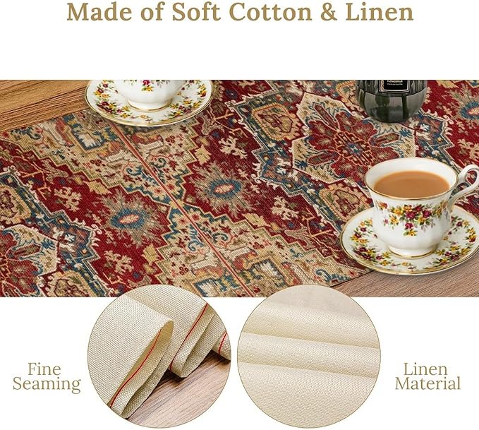 Boho Bohemia Style Table Runner, Vintage Red Brown Retro Flower Rustic Country Style Floral Print Pattern for Home Kitchen Table Decor Dining Coffee Room Garden Party Decor 13x120in
