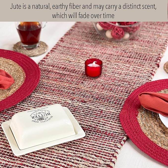 Chardin home Natural Jute Table Runner 13x90 Inch – Vintage Boho Rustic Table Decor – Handwoven Table Runner in Natural Jute and Red – Farmhouse Dining or Console Table Accent