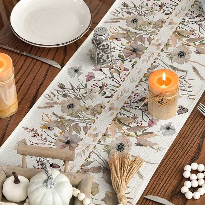 Artoid Mode Wildflower Leaves Floral Fall Table Runner, Autumn Thanksgiving Kitchen Dining Table Decoration for Indoor Outdoor Home Party 13x60 Inch