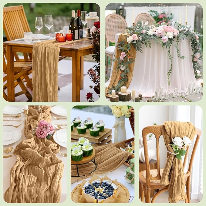 Asee'm 12pcs Cheesecloth Table Runner 120 Inches Long Khaki Boho Gauze Cheese Cloth Runner 10FT Rustic Sheer Table Runners for Christmas Wedding Party Baby Shower Spring Easter Decoration
