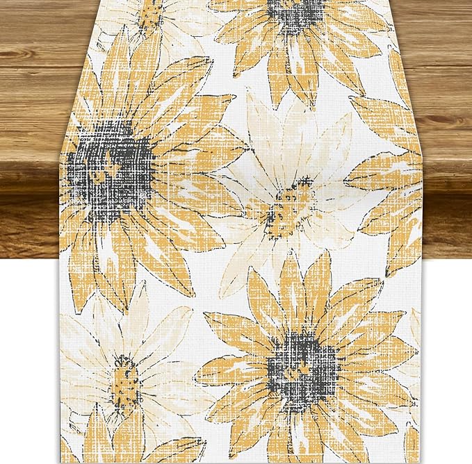 Chrysanthemum Vintage Floral Table Runner, Elegant Grunge Orange Sunflower Spring Summer Elegant Pattern Artichokes Flower Table Runner for Party Kitchen Dining Living Room Decor, 13x60 Inch