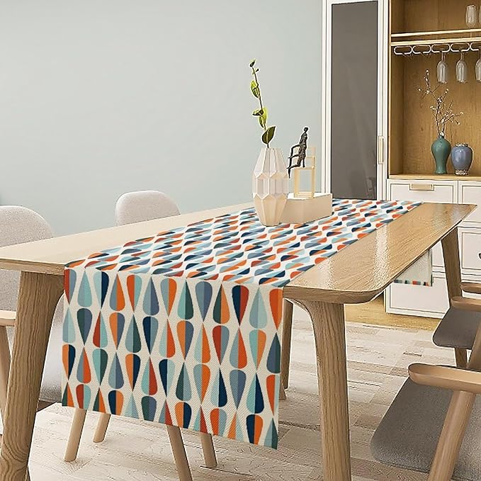 Mid Century Table Runner, Modern Style Retro Pattern Droplet Shapes Mosaic Tones Pattern Print for Home Kitchen Table Decor Dining Coffee Room Party Decor 13x72in