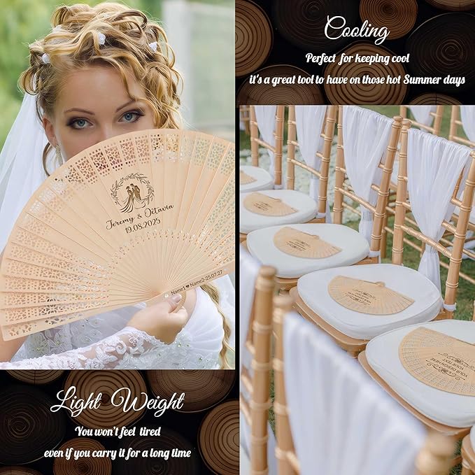 100 PCS Custom Fans Personalized Folding Fans for Line Dancing Wooden Hand Fan Wedding Favors Bulk Fans for Guests Party Event Use (Style03)
