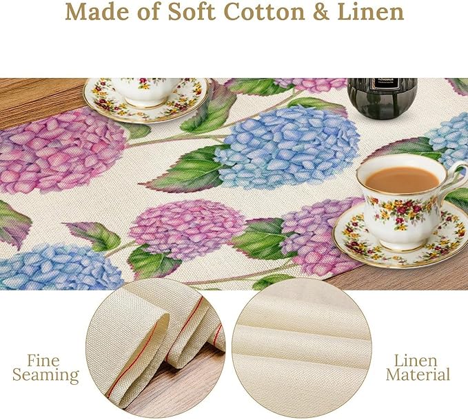 Spring Hydrangea Flower Table Runner, Seasonal Summer Plants Watercolor Pink Purple Florals Dinner Runner for Home Kitchen Dining Table Party Holiday Decoration 13"x90"