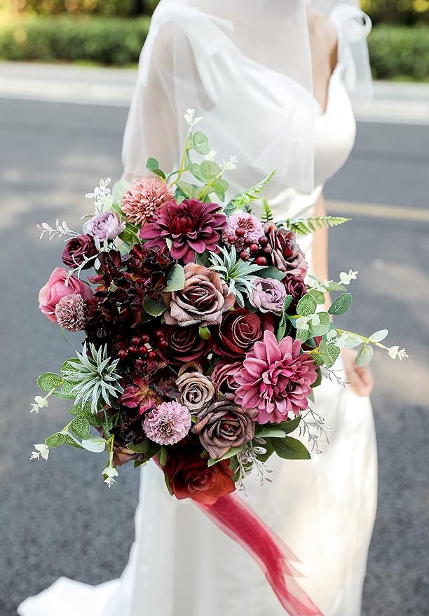 Serra Flora Artificial Flowers Combo Dahlia 25pcs Silk Fake Flowers Roses for DIY Wedding Bouquets Burgundy Centerpieces Arrangements Party Bridal Baby Shower Home Decorations(Burgundy)