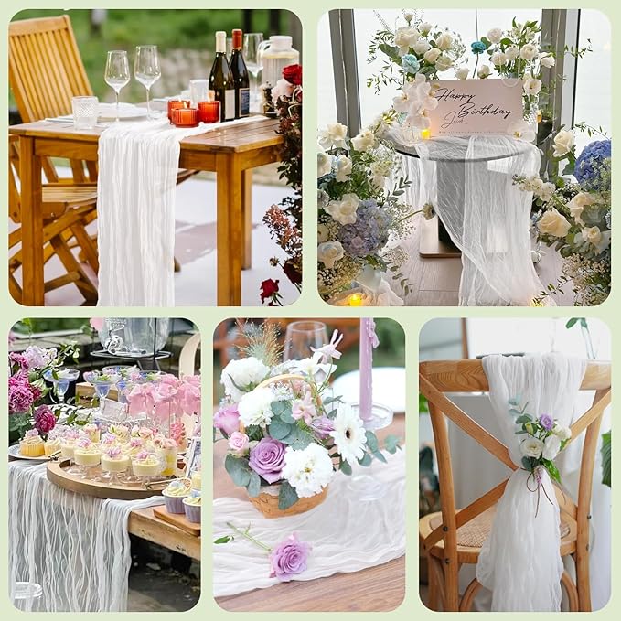 Asee'm 3pcs Cheesecloth Table Runner 120 Inches Long Ivory Boho Gauze Cheese Cloth Runner 10FT Rustic Sheer Table Runners for Christmas Wedding Party Baby Shower Spring Easter Decoration