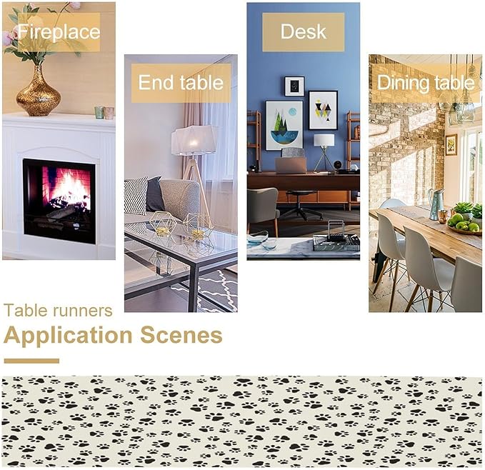 Dog Paws Table Runner,Cartoon Cute Black White Animal Footprints Abstract Tablecloth Burlap for Hotel Indoors Outdoor Dining Room Kitchen Home Decor,W13X L36 in