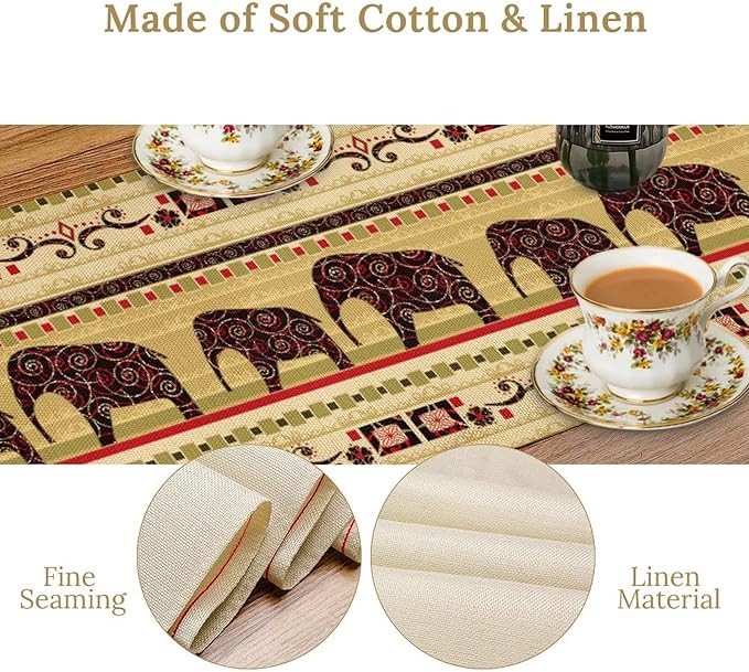 Boho Elephant Table Runner, Vintage Tribal Traditional Bohemian African Animals Ethnic Folk Table Center Decor for Home Kitchen Dining Patio Holiday Party Indoor Table Decorations, 13"x36" Inch