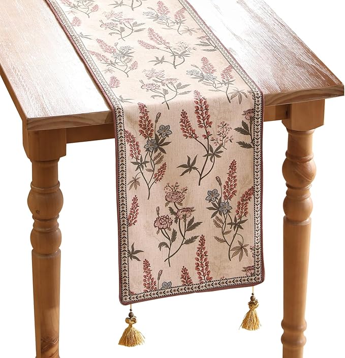 ISAENNE Designer Light Beige Linen Table Runner 87 Inches Long,Vintage Floral Wrinkle Resistant Decor Table Runners for Dining Tables,Christmas,Thanksgiving,Kitchen Tables,12"*87"-Helena A