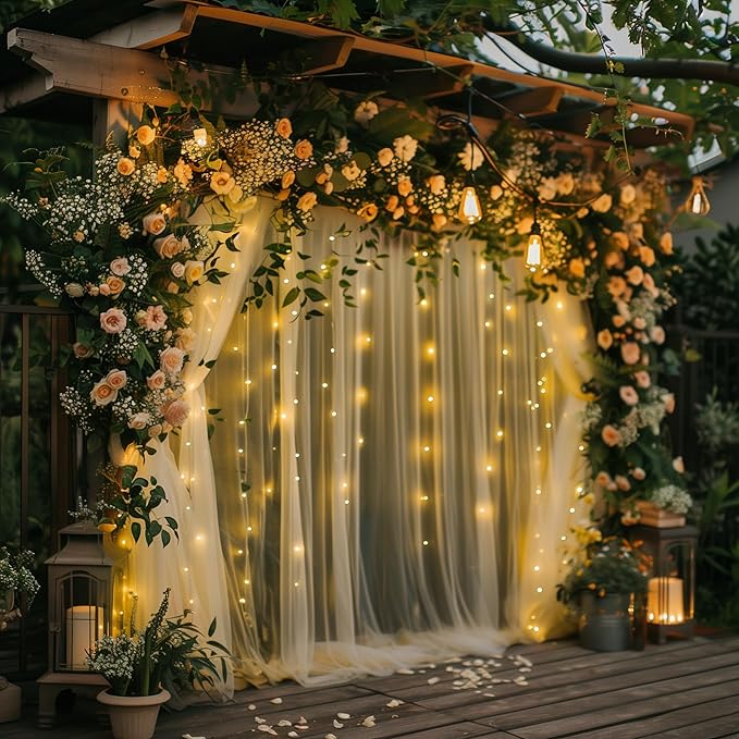Tulle Backdrop Curtain with Lights String 30 X 10FT Champagne Sheer Tulle Backdrop Curtains for Wedding Birthday Party Reception Photo Booth Background Decorations (6 Panels 5x10FT)