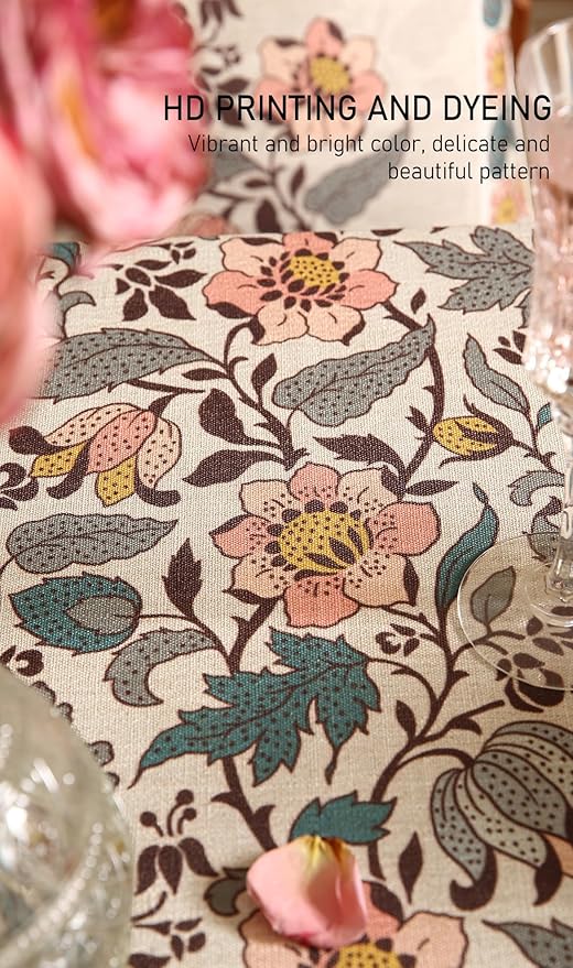 ISAENNE Designer Boho Floral Small Round Tablecloth,Linen Lotus Flower Pattern Colorful Table Cloth,Durable Decor Tablecloths for Dining Thanksgiving Kitchen Christmas,Diameter 55"-Hazel A