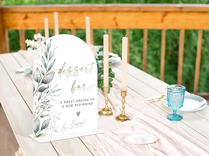 Acrylic Wedding Signs, Greenery Theme Dessert Bar Sign, Wedding Reception Signage, Bridal Shower Table Decor with Stand, Dessert Bar Supplies for Engagement, Anniversary, Newlywed Event and Party, 06