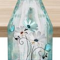Daisy Floral Table Runner, Farmhouse Spring Seasonal Summer Teal Green White Flower Rustic Abstract Table Center Decor for Home Kitchen Dining Holiday Party Indoor Table Decorations, 13"x108" Inch