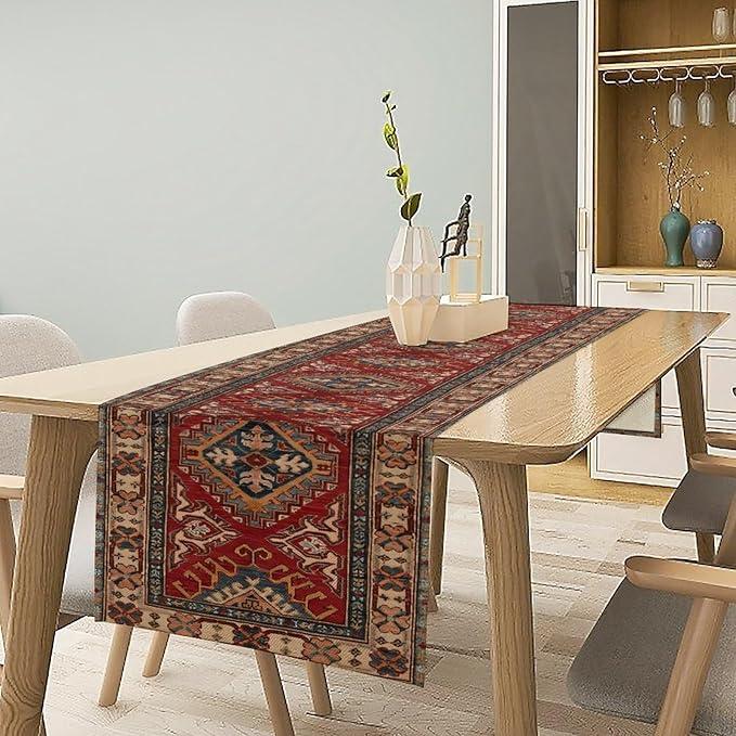 Boho Floral Vintage Table Runner, Red Grey Retro Flower Rustic Country Farmhouse Abstract Pattern for Home Kitchen Table Decor Dining Coffee Room Party Decor 13x120in