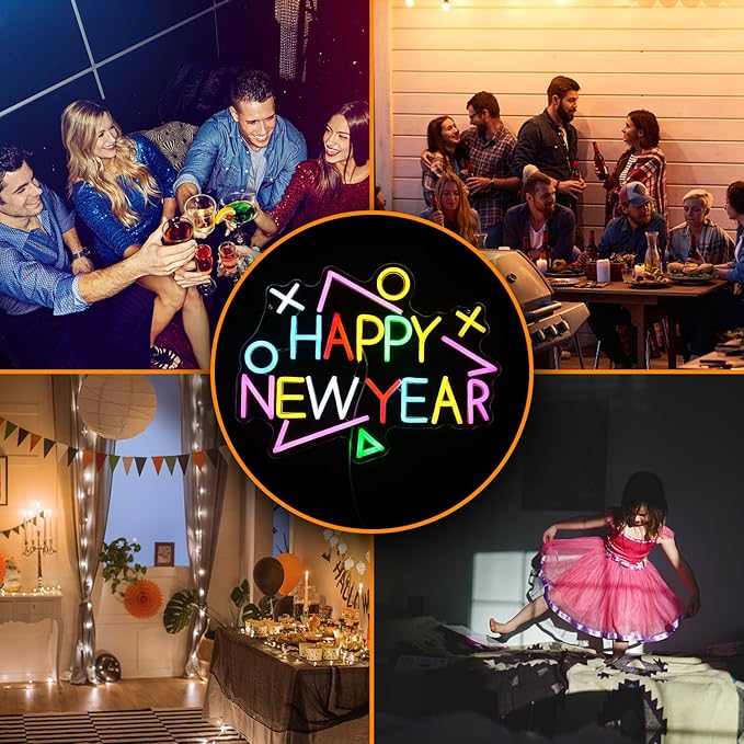 Happy New Year Neon Sign Exquisite And Beautiful New Year LED Light Up Sign for Decor Dimmable USB Powered New Year Neon Light Sign for New Year Celebrate Party Home Room Business Wall Decor (16.5*12.6 In Multicolored)