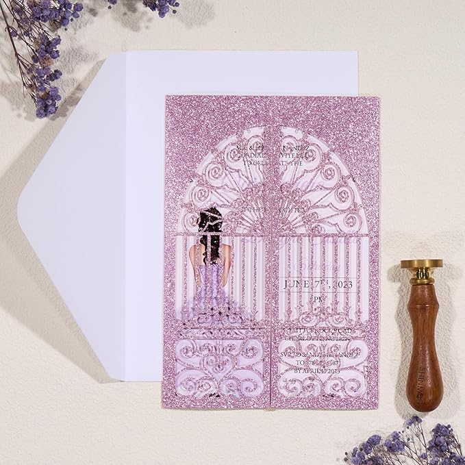 Personalized Wedding Invitations with Envelopes and RSVP Cards Blank 25pcs Light Purple Glitter Laser Cut Invitation Pockets for Wedding Bridal Shower Birthday Quinceañera Anniversary