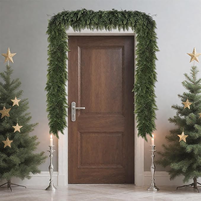Realistic Christmas Garland for Mantle 9FT Real Touch Thick/Lush Artificial Cedar Garlands Christmas Decorations Indoor Christmas Garland for Stairs Railing Outdoor Table Xmas Holiday Decor Greenery