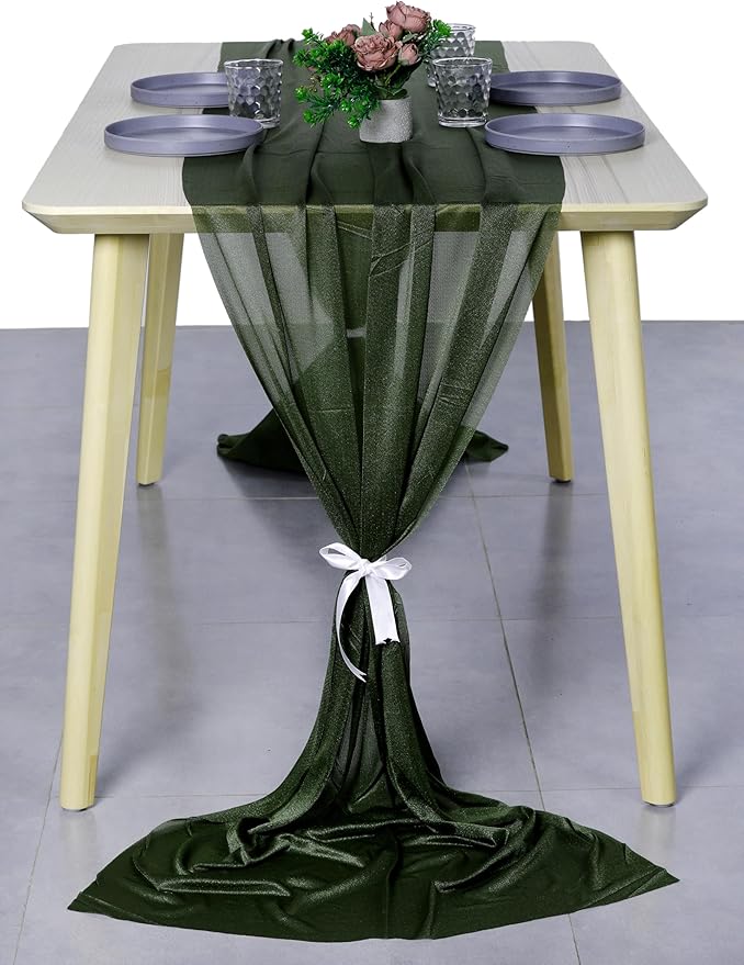 MDS Halloween Chiffon Table Runner - 5 Pack, 29 x 170 Inches, 14ft Each - Sheer Spooky Table Runners for Haunted House Parties, Trick-or-Treat Tables, Witchy Décor, Wedding & Events - Olive Green